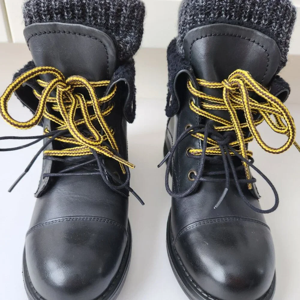 Musse & Cloud Black Leather Boot Sweater Sherpa Hiking Ankle Fall Winter Cute - Picture 4 of 11